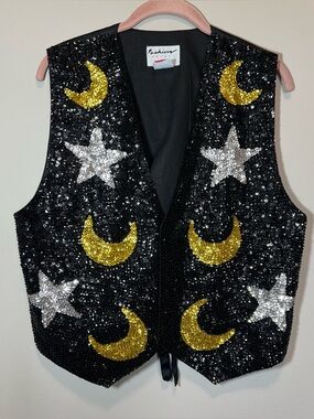 Vintage Fashion Fantasy Sun Moon Sequin Black Vest Medium